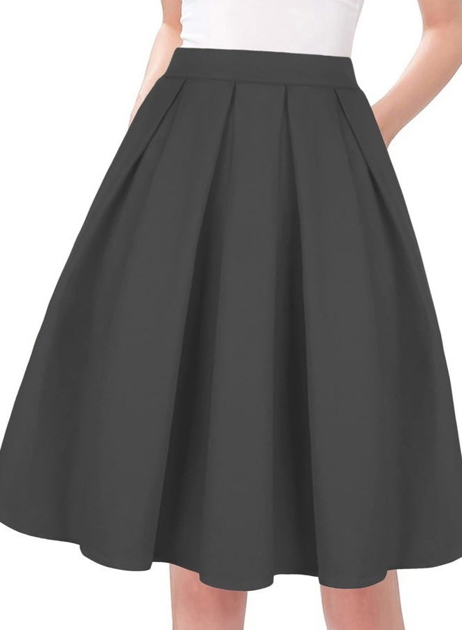 Tandisk Women's Vintage A-line Printed Pleated Flared Midi Skirts with Pockets (Grey, M) - Image 1