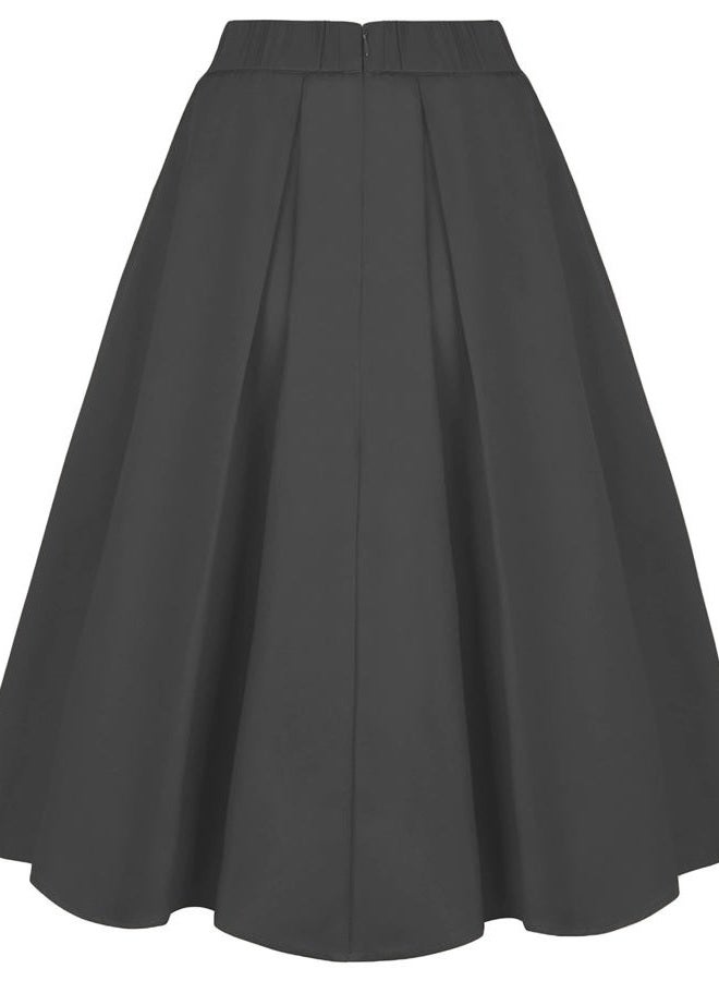 Tandisk Women's Vintage A-line Printed Pleated Flared Midi Skirts with Pockets (Grey, M) - Image 4