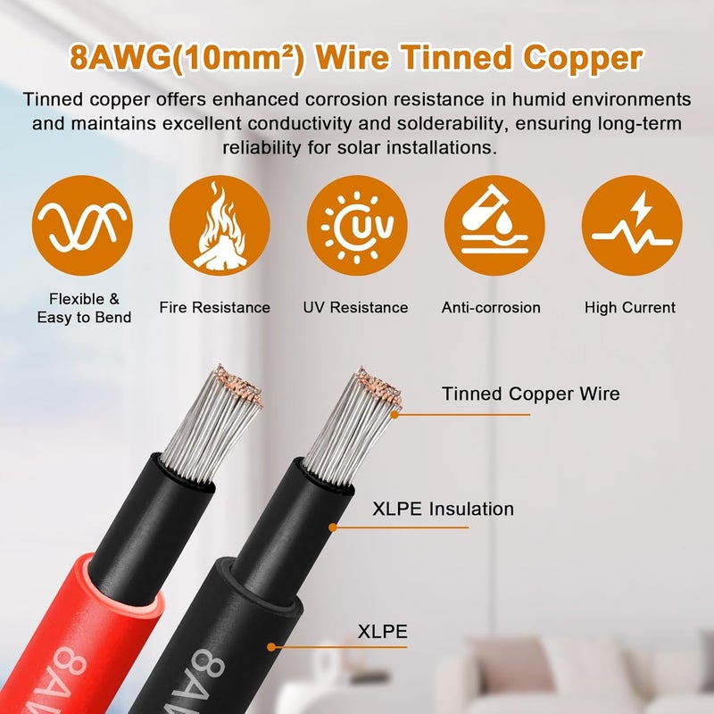YDDECW Solar Panel Extension Cable - 8AWG 10FT Solar Wire Cord 8 Gauge PV Wire with Female & Male Waterproof Connector for RV, Photovoltaic Systems, Home, Boat, Solar Panels, Car(10ft Red + 10ft Black) - Image 2