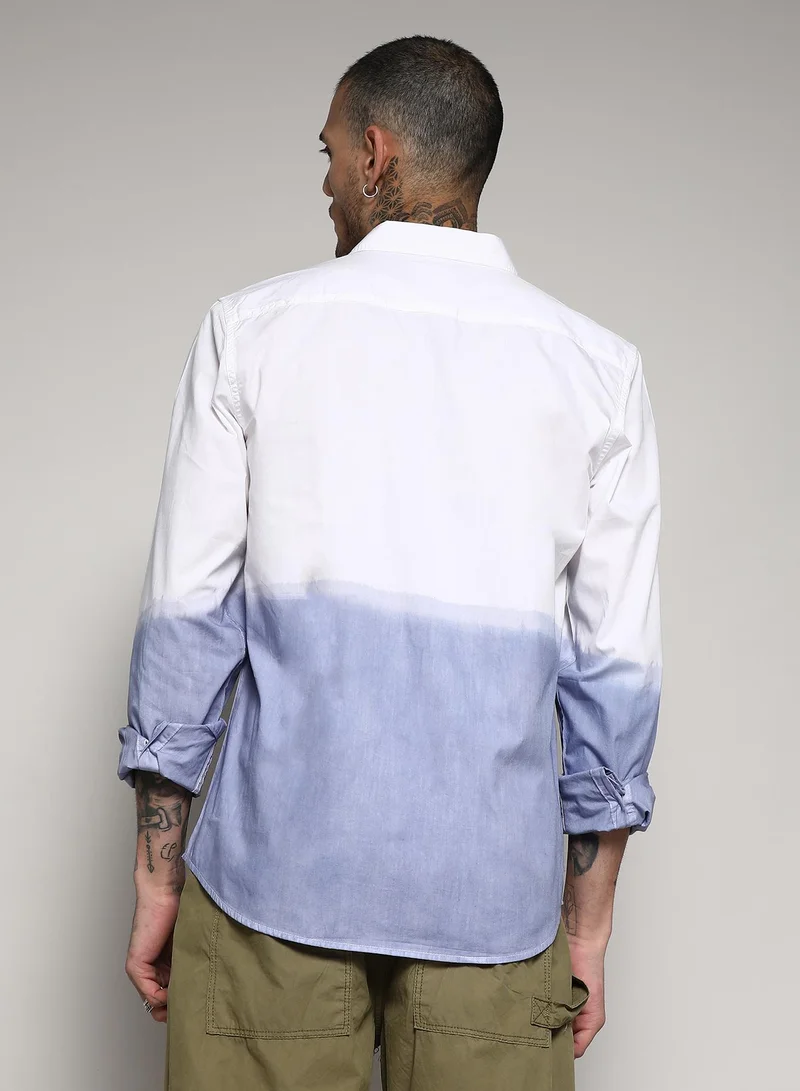 CAHOOT  Men's White & Blue Contrast Ombre Shirt For Casual Wear | Spread Collar | Long Sleeve | Button Closure | Cotton Shirt Crafted With Comfort Fit For Everyday Wear for Men | Best Price UAE