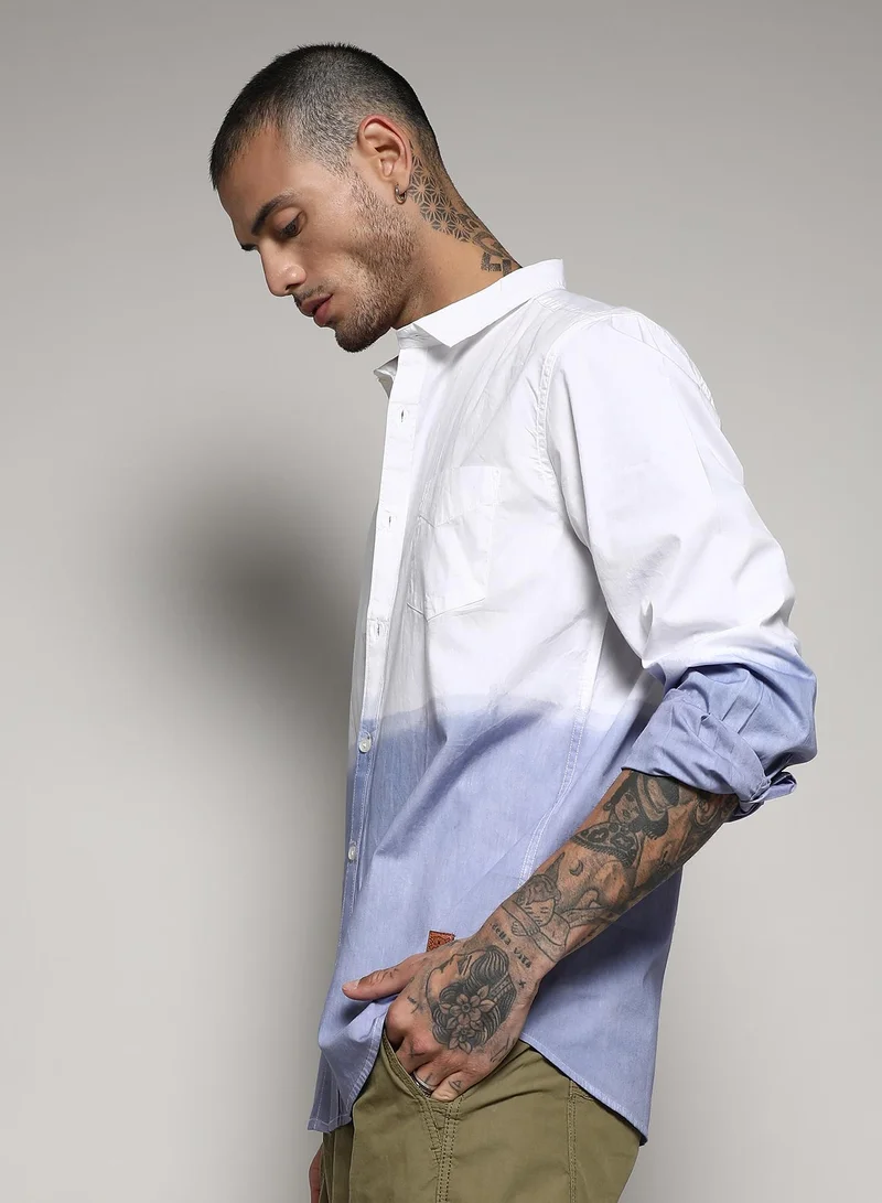 CAHOOT  Men's White & Blue Contrast Ombre Shirt For Casual Wear | Spread Collar | Long Sleeve | Button Closure | Cotton Shirt Crafted With Comfort Fit For Everyday Wear for Men | Best Price UAE