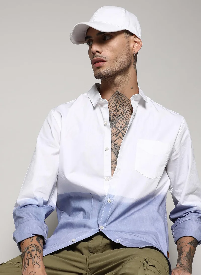 كامبوس سوترا Men's White & Blue Contrast Ombre Shirt For Casual Wear | Spread Collar | Long Sleeve | Button Closure | Cotton Shirt Crafted With Comfort Fit For Everyday Wear