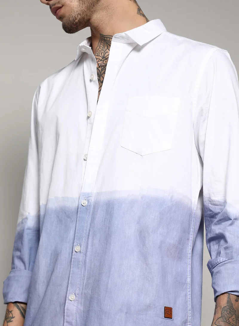 CAHOOT  Men's White & Blue Contrast Ombre Shirt For Casual Wear | Spread Collar | Long Sleeve | Button Closure | Cotton Shirt Crafted With Comfort Fit For Everyday Wear for Men | Best Price UAE