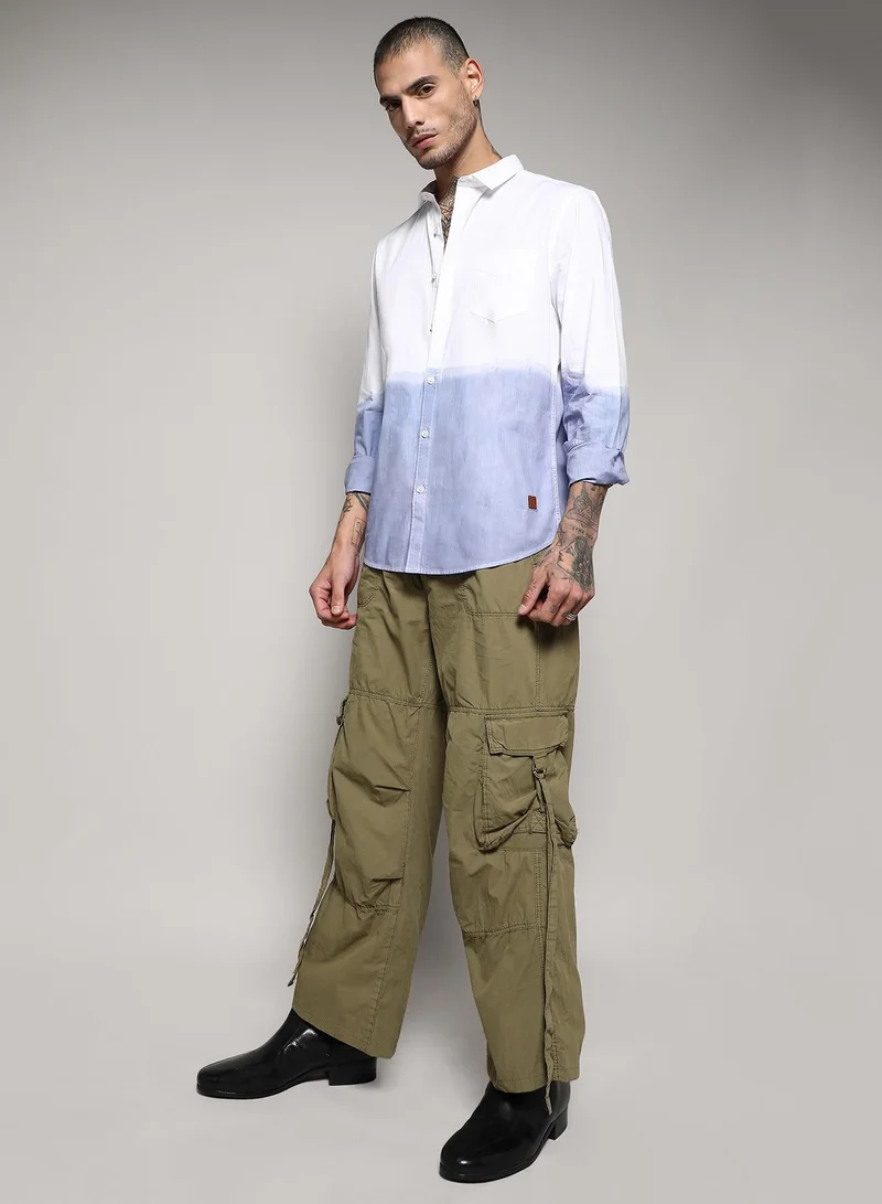 CAHOOT  Men's White & Blue Contrast Ombre Shirt For Casual Wear | Spread Collar | Long Sleeve | Button Closure | Cotton Shirt Crafted With Comfort Fit For Everyday Wear for Men | Best Price UAE