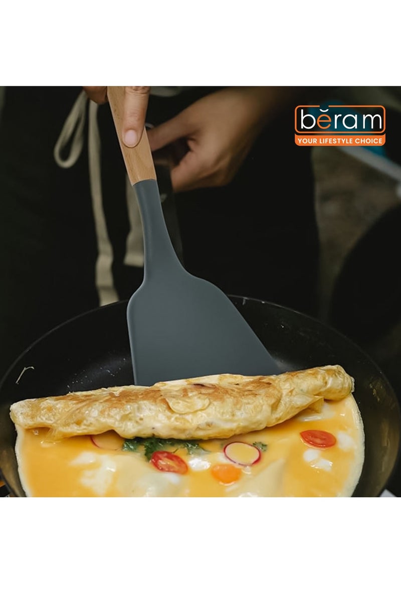 Beram Silicone Turner Spatula Cooking Utensil Set with Wooden Handles Heat Resistant BPA Free Non-Stick Kitchen Tools Set for Flipping Stirring-Grey (Single Turner) - Image 4