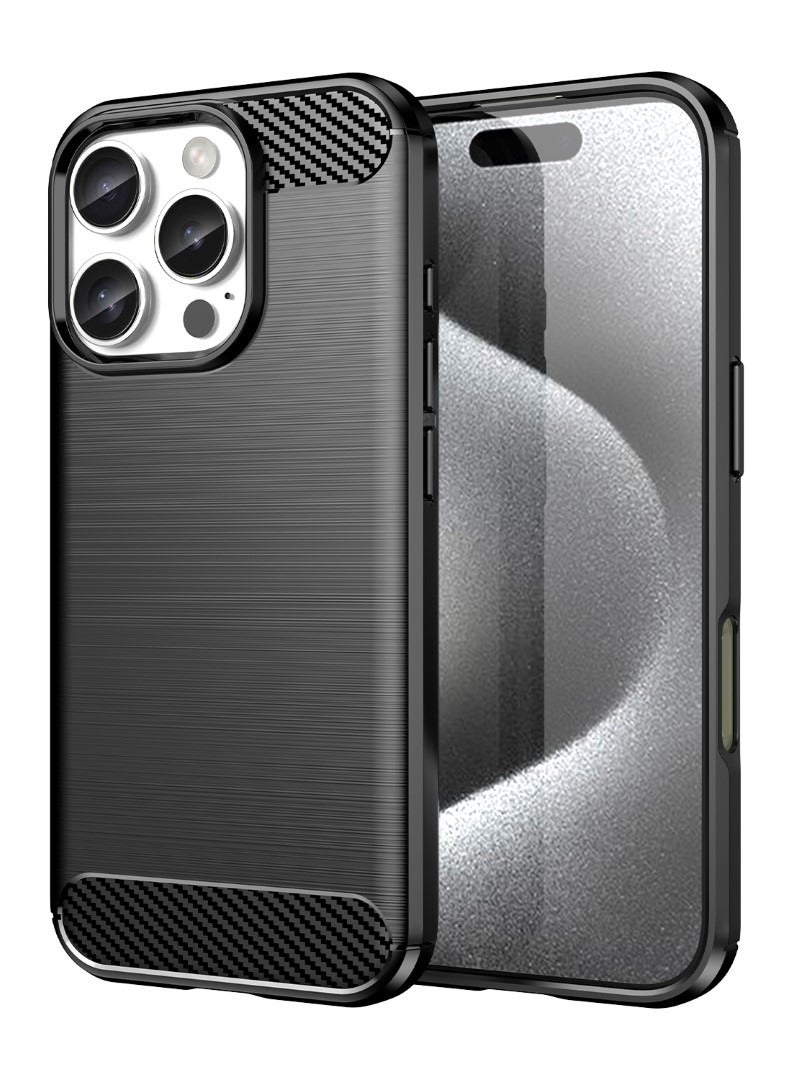iPhone 16 Pro  Rugged Shield Cover – Black. Brushed carbon fiber texture, shockproof TPU, anti-slip, slim, and lightweight for durable protection. - Image 1