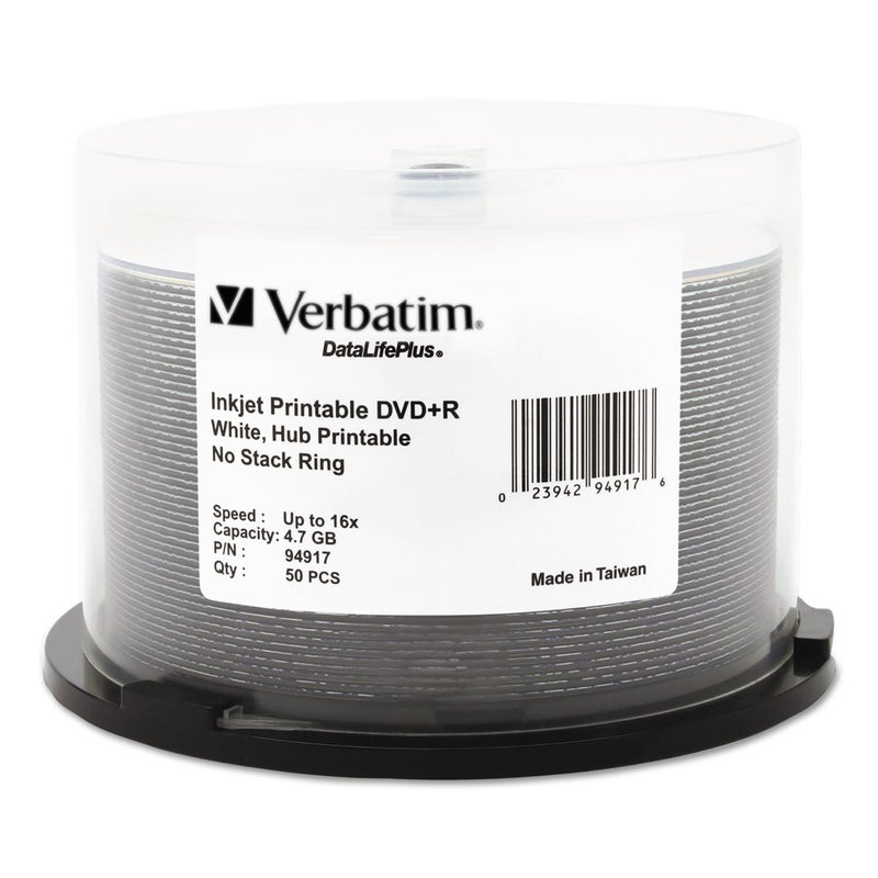 Verbatim DVD+R 4.7GB 16X DataLifePlus White Inkjet Printable, Hub Printable - 50pk Spindle - 94917, White - Image 1