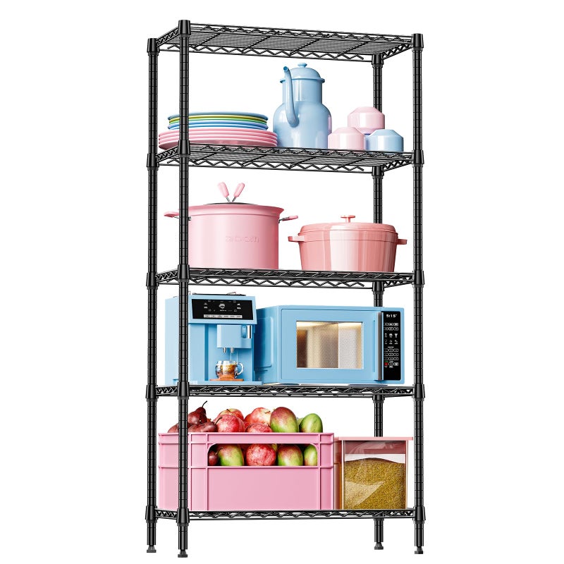 IZEUK 5 Tier Black Metal Storage Shelves, Heavy Duty Adjustable Wire Shelving Rack for Garage, Kitchen, Bathroom, Closet Organizer, 1250 lbs Capacity, 15.7" D x 33.5" W x 68.5" H - Image 1