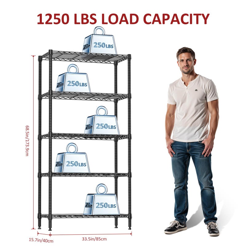IZEUK 5 Tier Black Metal Storage Shelves, Heavy Duty Adjustable Wire Shelving Rack for Garage, Kitchen, Bathroom, Closet Organizer, 1250 lbs Capacity, 15.7" D x 33.5" W x 68.5" H - Image 2