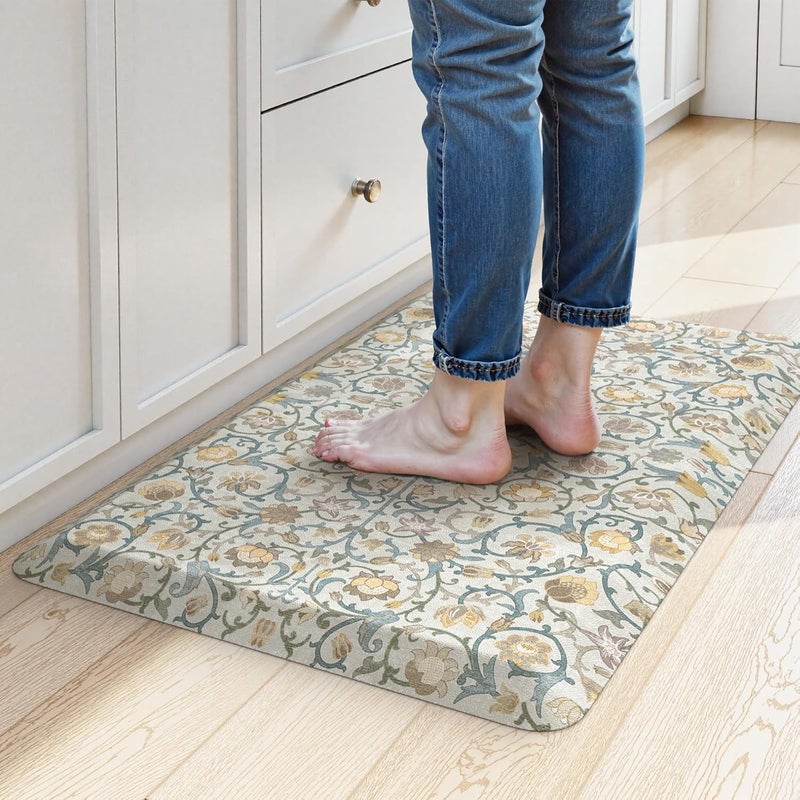 KIMODE Anti Fatigue Mats for Kitchen Floor Non Slip,Farmhouse Floral Sink Rug Waterproof for Laundry,Extra Thick Memory Foam Ergonomic Cushioned Carpet for Office,Yellow/Blue - Image 1