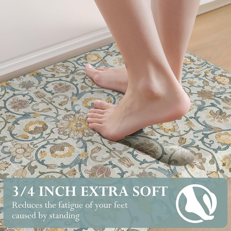 KIMODE Anti Fatigue Mats for Kitchen Floor Non Slip,Farmhouse Floral Sink Rug Waterproof for Laundry,Extra Thick Memory Foam Ergonomic Cushioned Carpet for Office,Yellow/Blue - Image 3