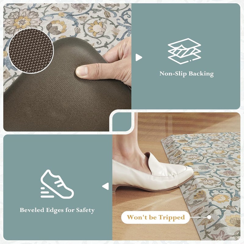 KIMODE Anti Fatigue Mats for Kitchen Floor Non Slip,Farmhouse Floral Sink Rug Waterproof for Laundry,Extra Thick Memory Foam Ergonomic Cushioned Carpet for Office,Yellow/Blue - Image 4