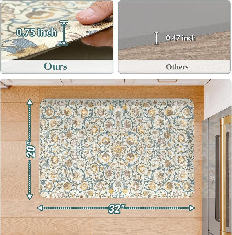 KIMODE Anti Fatigue Mats for Kitchen Floor Non Slip,Farmhouse Floral Sink Rug Waterproof for Laundry,Extra Thick Memory Foam Ergonomic Cushioned Carpet for Office,Yellow/Blue - Image 2