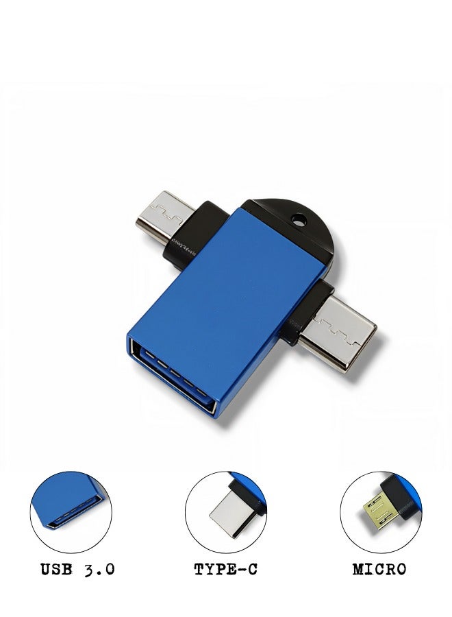 OTG Adapter (2 in 1) USB 3.0 (Type-C and Micro USB) for Data Transfer and Charging for Phones and Tablets - Blue - Image 1