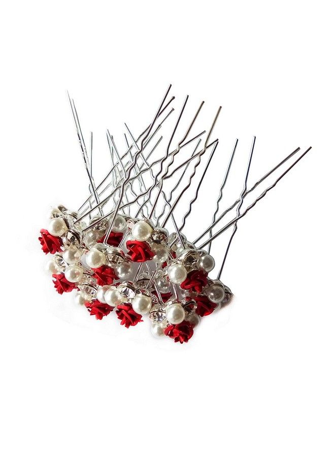 Foreign Holics Special Silver Metal Flower Crystal With Pearl Juda Hair Pins For Decorate Bun Hair Accessories (Pack Of 12) (Red) - Image 2