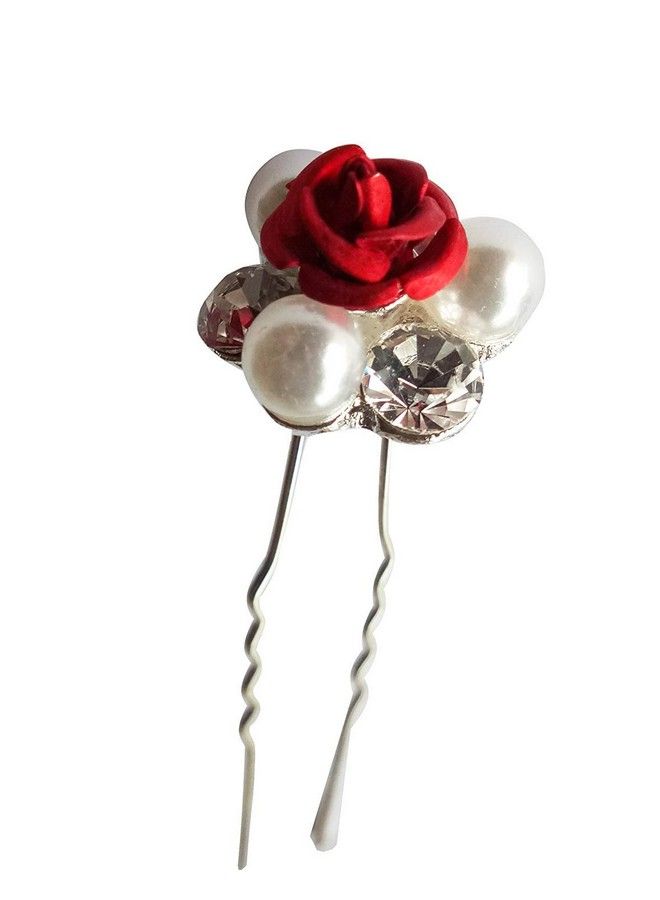 Foreign Holics Special Silver Metal Flower Crystal With Pearl Juda Hair Pins For Decorate Bun Hair Accessories (Pack Of 12) (Red) - Image 4