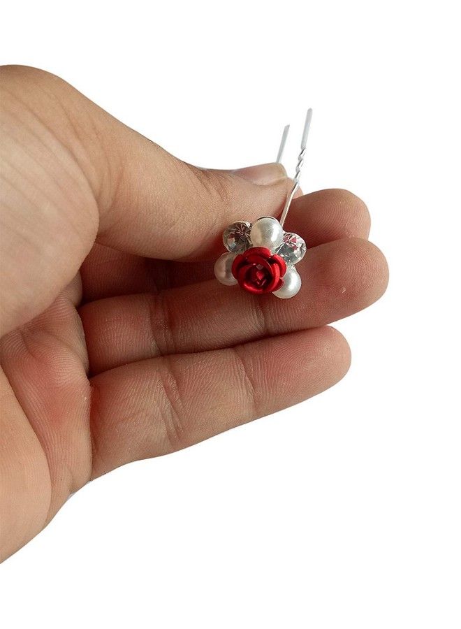 Foreign Holics Special Silver Metal Flower Crystal With Pearl Juda Hair Pins For Decorate Bun Hair Accessories (Pack Of 12) (Red) - Image 3