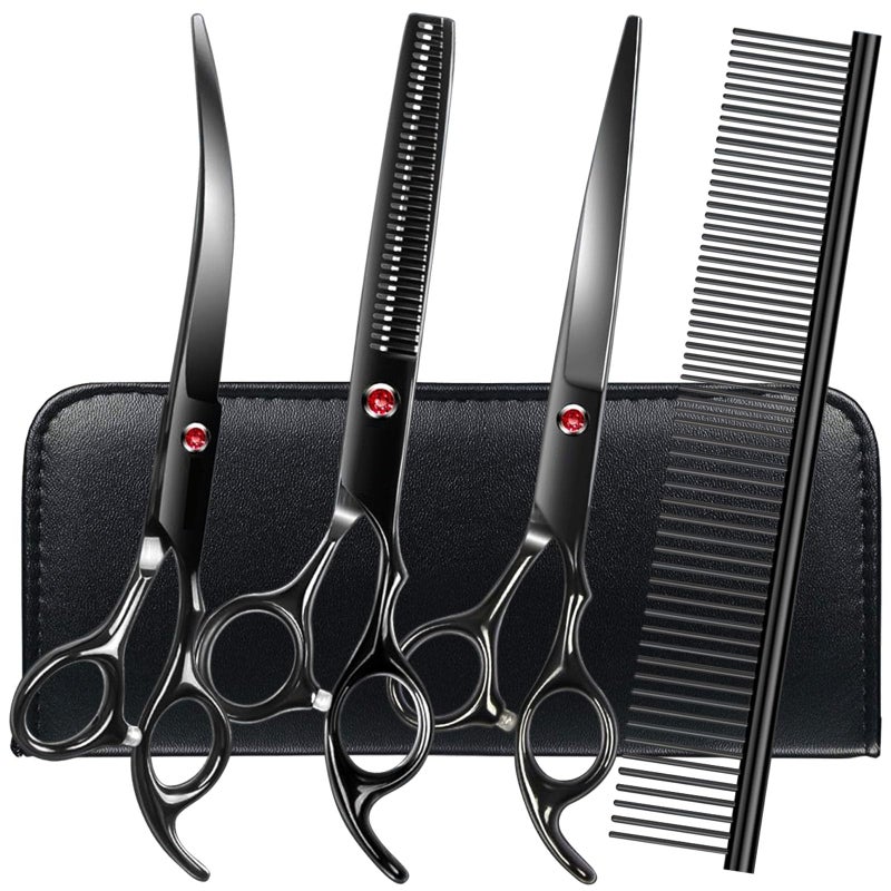 FAIGEO Professional Dog Grooming Scissors Set Stainless Steel Dog Grooming Kit - Thinning, Curved Scissors and Comb for Cat Pet (Black 5 in1) - Image 1