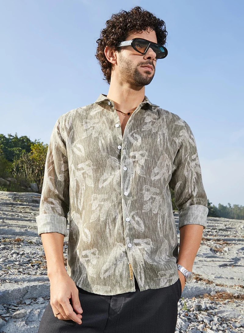 Men's Olive Green Stroked-Petals Shirt