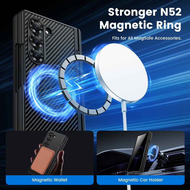 VEGO for Galaxy Z Fold 6 Case, Compatible with MagSafe, [Hinge Protection][Front Privacy Screen Protector] Magnetic Slim PU Leather Protective Cover for Samsung Z Fold 6 5G - Carbon Fiber Black - Image 3