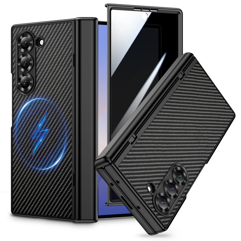VEGO for Galaxy Z Fold 6 Case, Compatible with MagSafe, [Hinge Protection][Front Privacy Screen Protector] Magnetic Slim PU Leather Protective Cover for Samsung Z Fold 6 5G - Carbon Fiber Black - Image 1
