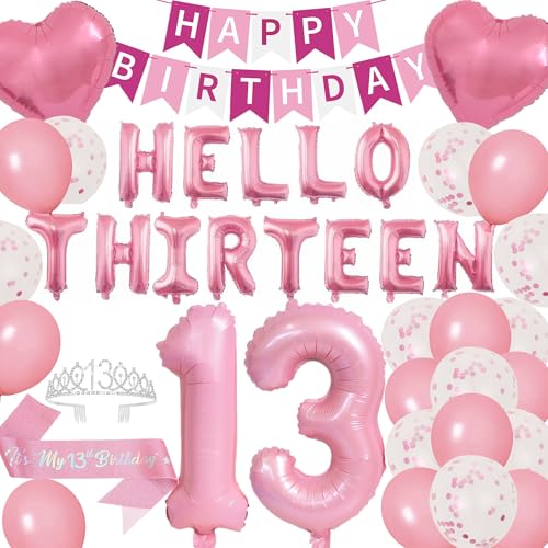 DUFACAI 13th Birthday Party Decorations Girls 13 Years Old Pink Balloons Sash Silver Tiara Crown Thirteen Happy Birthday Banner for 13th Teen Party Supplies Pink - Image 1