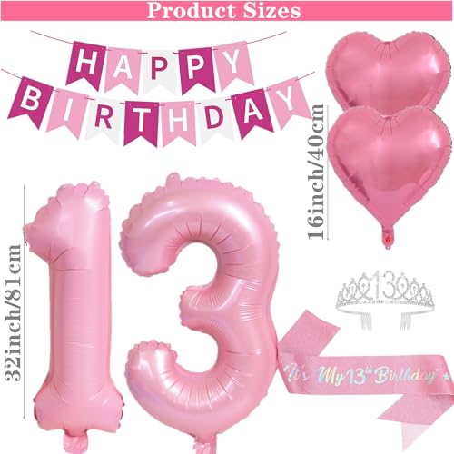 DUFACAI 13th Birthday Party Decorations Girls 13 Years Old Pink Balloons Sash Silver Tiara Crown Thirteen Happy Birthday Banner for 13th Teen Party Supplies Pink - Image 5