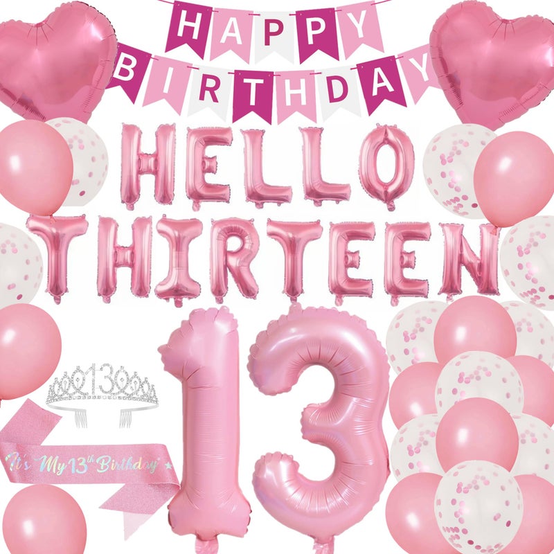 DUFACAI 13th Birthday Party Decorations Girls 13 Years Old Pink Balloons Sash Silver Tiara Crown Thirteen Happy Birthday Banner for 13th Teen Party Supplies Pink - Image 3