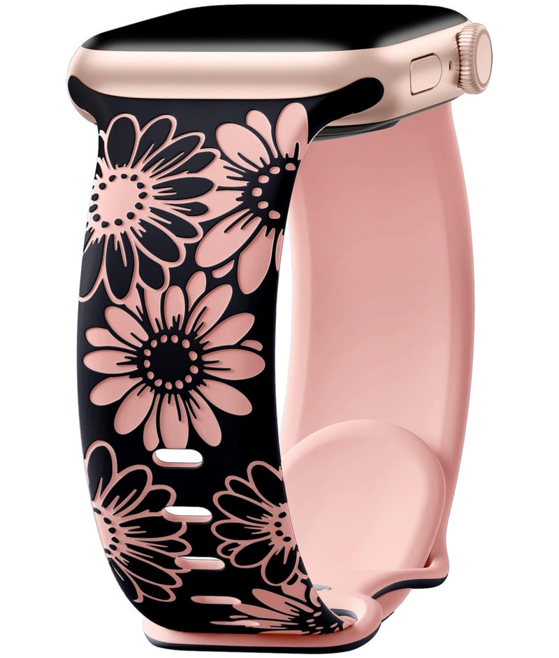 DaQin Floral Engraved Band Compatible with Apple Watch Bands for Women 40mm 41mm 42mm 44mm 45mm 46mm 38mm, Cute Two-Tone Flower Soft Silicone Sport Strap for iWatch Series 11 10 9 8 7 6 5 4 3 2 1 SE - Image 1
