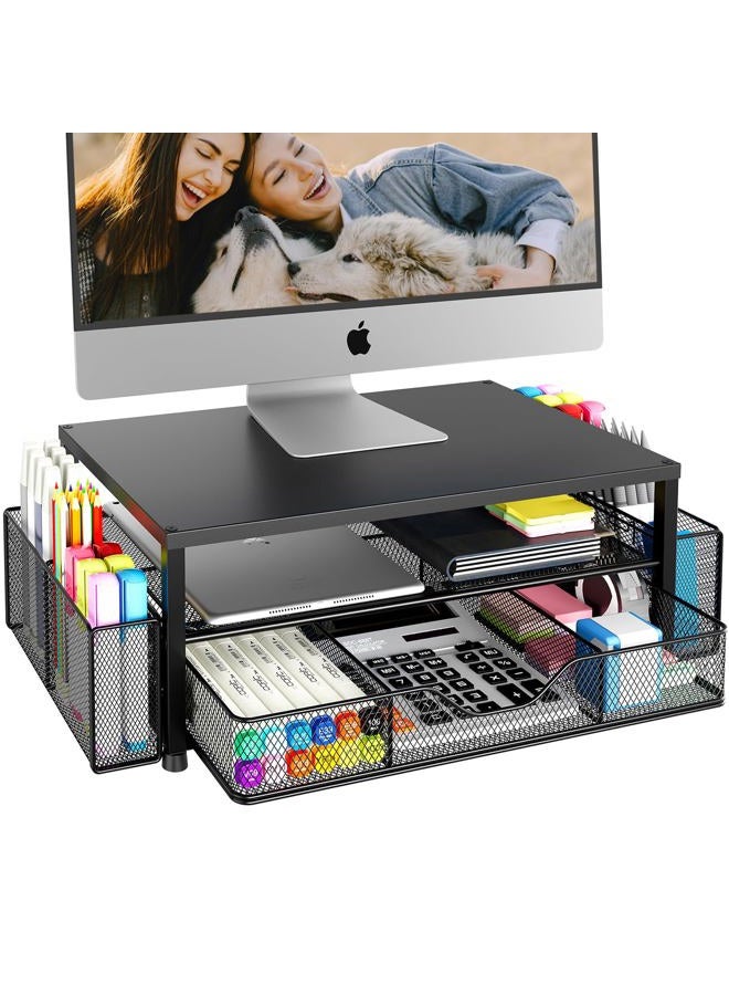 OPNICE Desk Organizer and Accessories, 2-Tier Computer Monitor Stand Riser with Drawer and 2 Pen Holders, Laptop Stand, Office Desk Accessories for Office Supplies, Black - Image 1