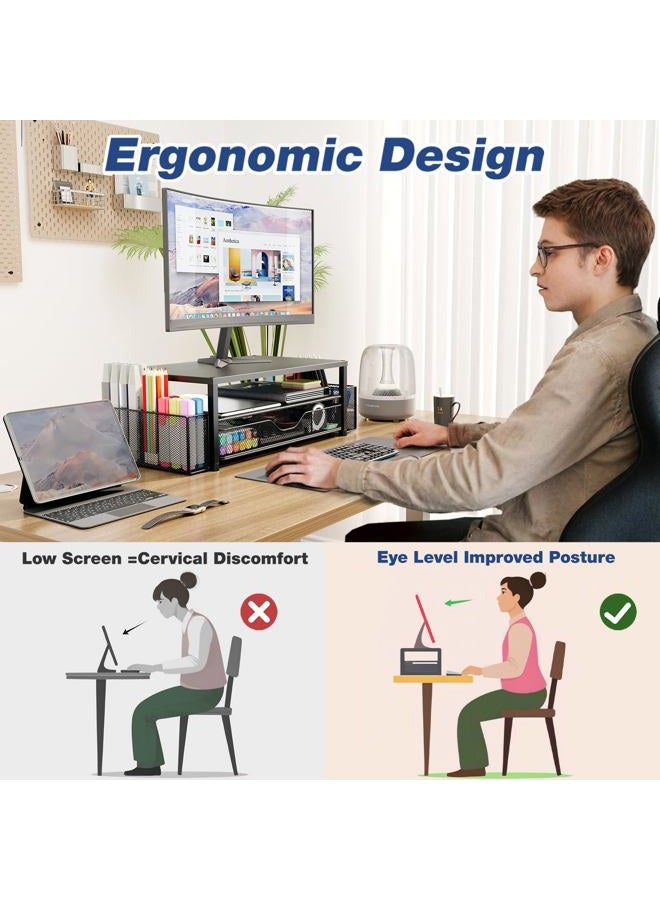 OPNICE Desk Organizer and Accessories, 2-Tier Computer Monitor Stand Riser with Drawer and 2 Pen Holders, Laptop Stand, Office Desk Accessories for Office Supplies, Black - Image 2