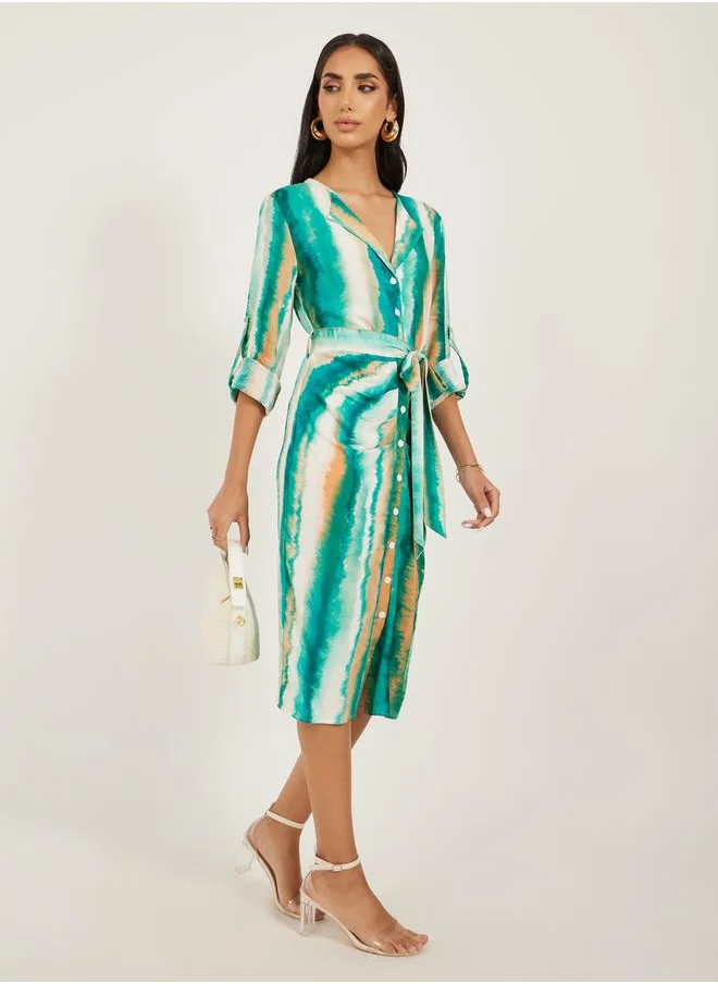 Styli Tie and Dye Print Tie Detail Shirt Midi Dress