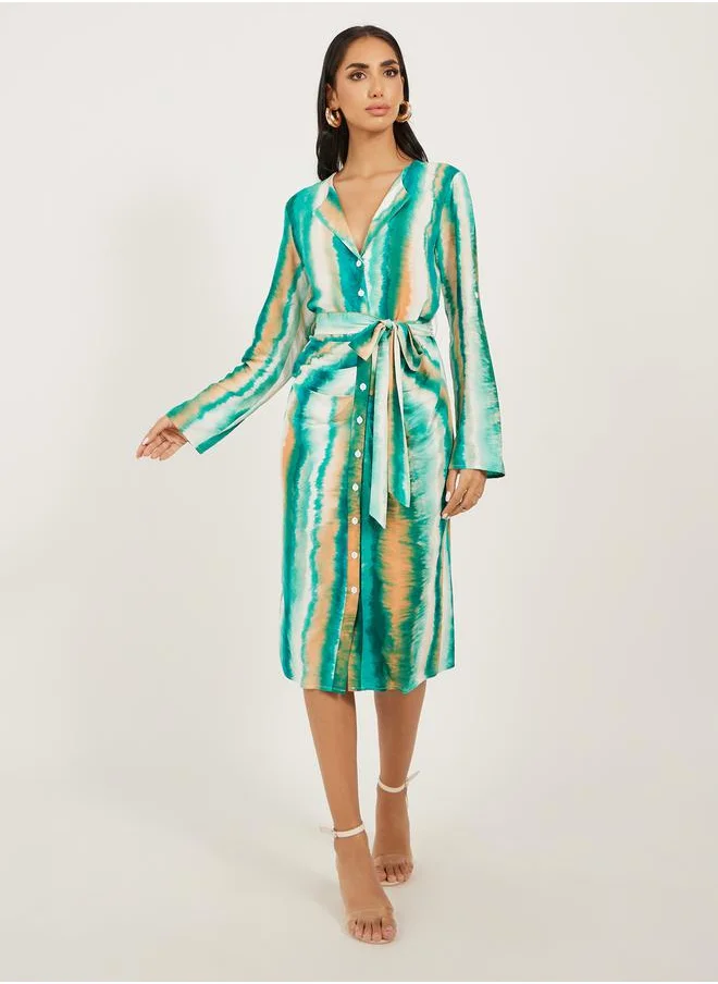 Styli Tie and Dye Print Tie Detail Shirt Midi Dress