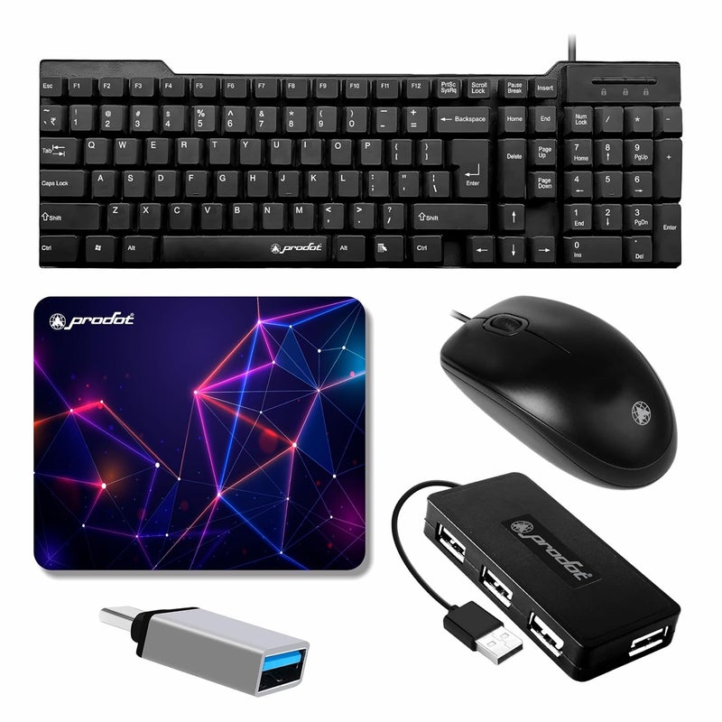 ProDot 5-in-1 Wired Combo Pack | Wired Keyboard + Comfy Optical Mouse + 4 in1 Port USB Hub + USB Type-A to Type-C OTG + Anti-Slip Mouse Pad | for Laptop/Desktop/Windows - Image 1
