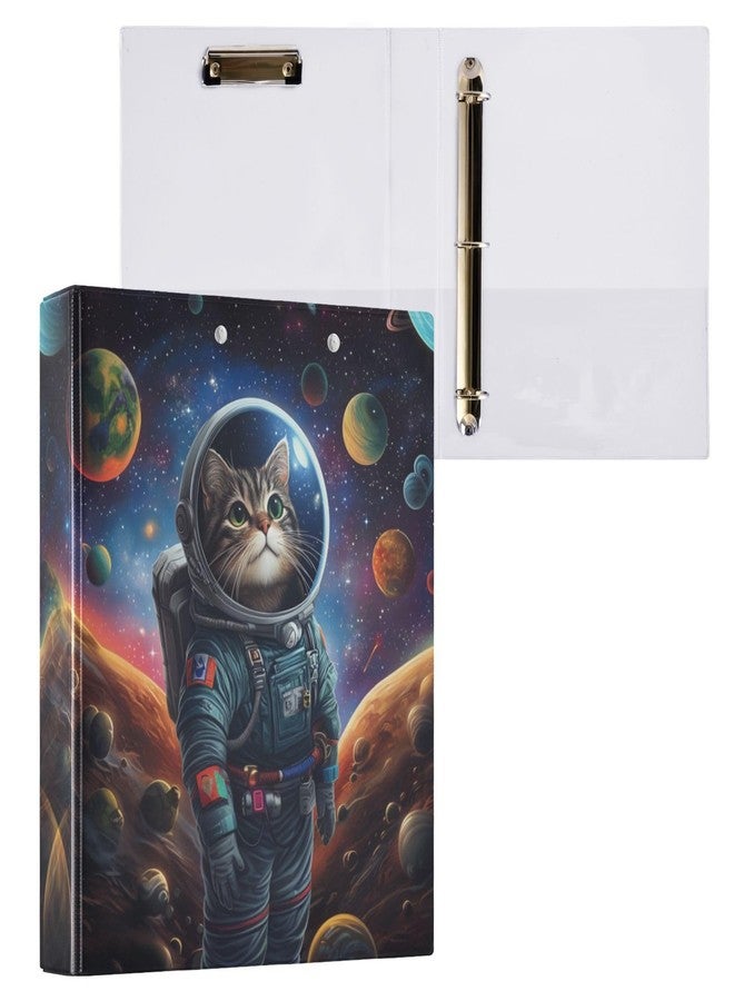 Fustylead Outer Space Themed Astronaut Cat 3 Ring Binder 1.5" Decorative D-Ring Binder with Clipboard&3 Clear Pockets, Holds 200 Sheets A4 Size Paper Waterproof Binders for School Home Office - Image 1