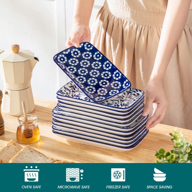 vancasso Selene 8.5 Inch Rectangular Salad Plates Set of 6, Ceramic Salad Plates for Sushi, Dessert, Appetizer, Porcelain Platters for Kitchen Decor, Microwave & Oven Safe, Vintage Blue & White Color - Image 5