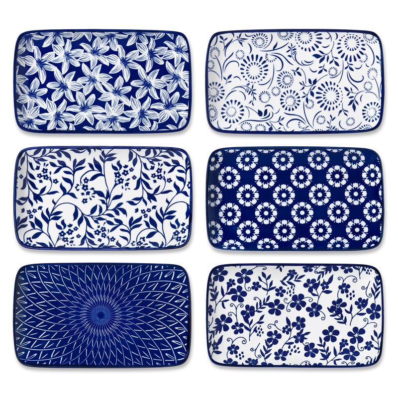 vancasso Selene 8.5 Inch Rectangular Salad Plates Set of 6, Ceramic Salad Plates for Sushi, Dessert, Appetizer, Porcelain Platters for Kitchen Decor, Microwave & Oven Safe, Vintage Blue & White Color - Image 1