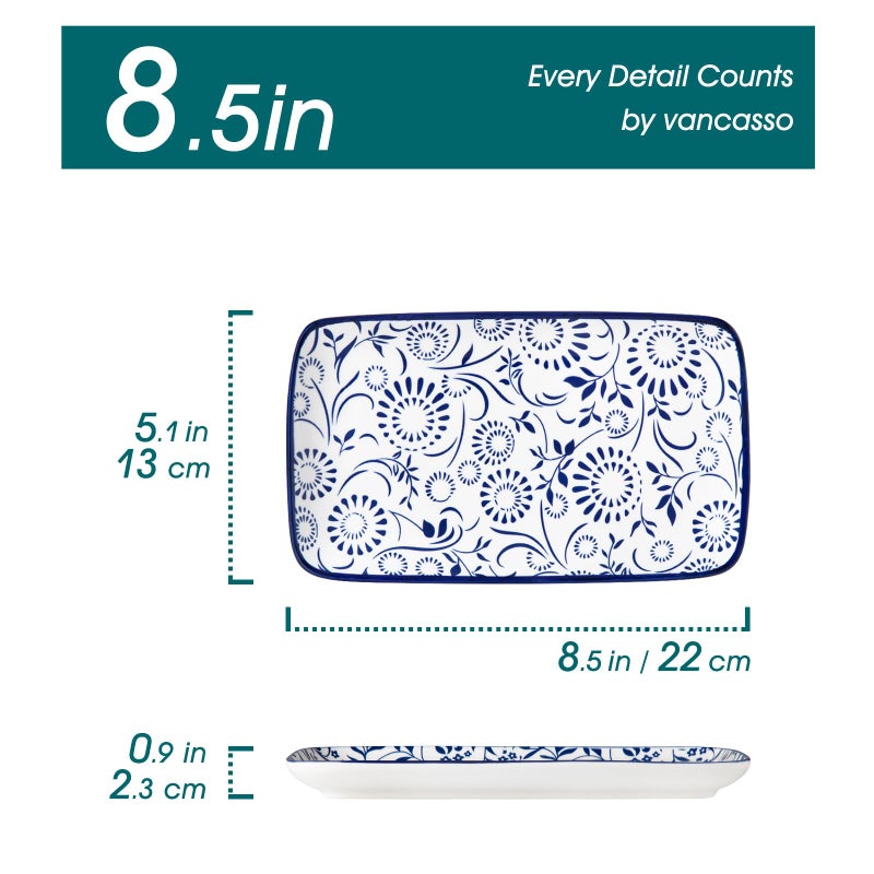 vancasso Selene 8.5 Inch Rectangular Salad Plates Set of 6, Ceramic Salad Plates for Sushi, Dessert, Appetizer, Porcelain Platters for Kitchen Decor, Microwave & Oven Safe, Vintage Blue & White Color - Image 3