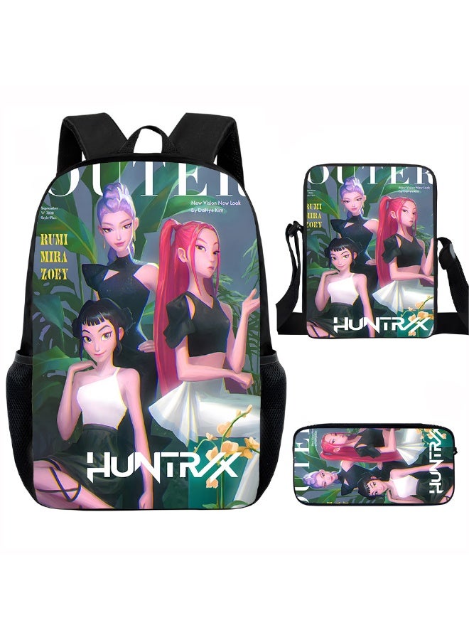 Huntrex Demon Hunters backpack, pencil case, satchel, three-piece suit, schoolbag for teenagers and elementary school students, men's and women's leisure sports backpacks - Image 1