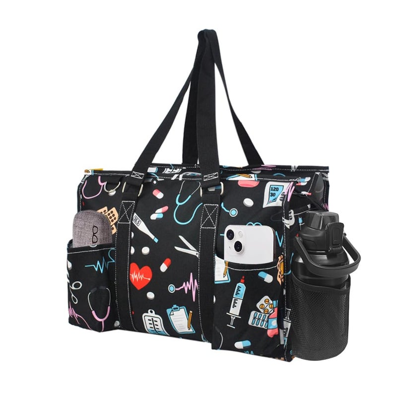 NGIL Utility Water Resistant Tote Bag, Top Zipper Closure, Perfect Gifts for Working Women, Nurses, Gym bag (Nurse Print-Black) - Image 1