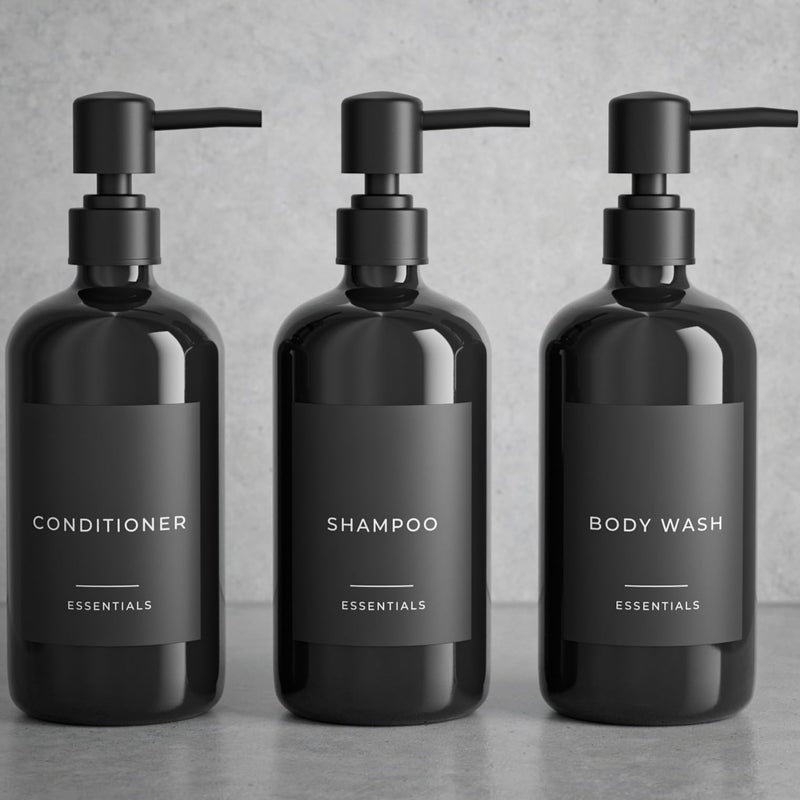 Stylish Shampoo and Conditioner Dispenser Set of 3 Modern 21oz Shower Soap Bottles with Pump and Labels Easy to Refill Body Wash Dispensers for an Instant Bathroom Decor Upgrade Black