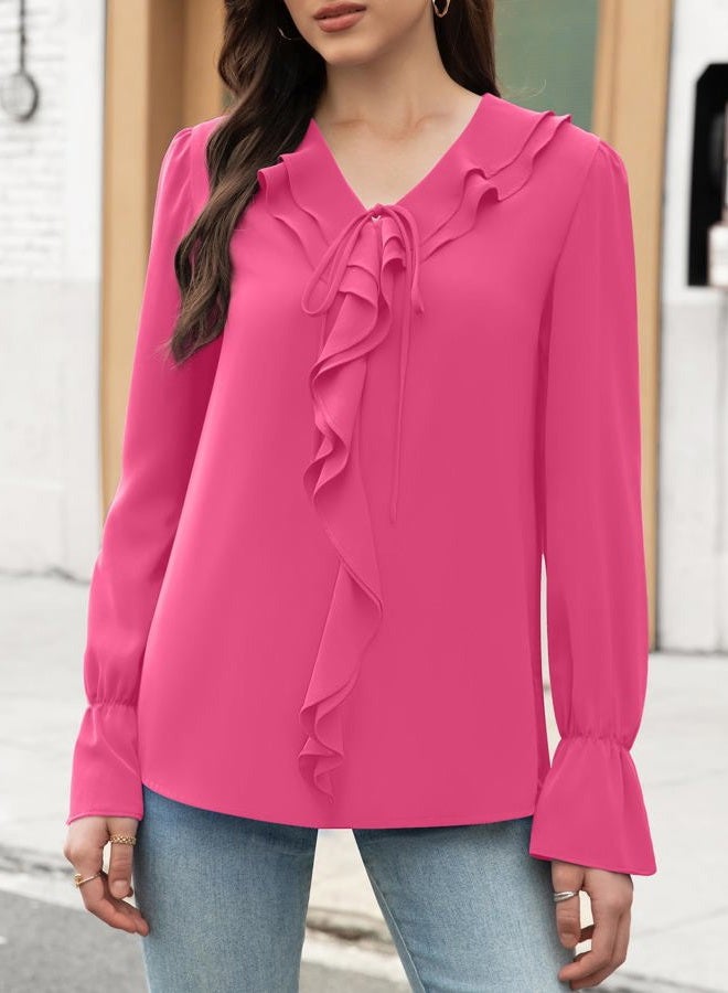 Funlingo Women's Long Sleeve Tops Dressy Casual V Neck Ruffle Tunic Chiffon Blouse Fall Trendy Work Shirts, Rose Red, M - Image 2