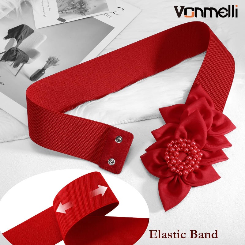 VONMELLI Women Wide Elastic Belt Fashion Waist Belts for Women Dresses Stretchy Flowers Decor Belt, Red S - Image 2