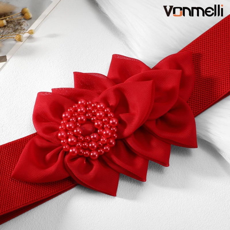 VONMELLI Women Wide Elastic Belt Fashion Waist Belts for Women Dresses Stretchy Flowers Decor Belt, Red S - Image 3