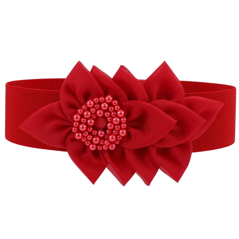 VONMELLI Women Wide Elastic Belt Fashion Waist Belts for Women Dresses Stretchy Flowers Decor Belt, Red S - Image 1