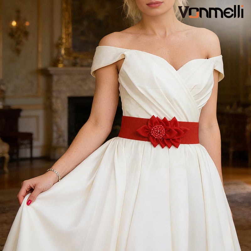 VONMELLI Women Wide Elastic Belt Fashion Waist Belts for Women Dresses Stretchy Flowers Decor Belt, Red S - Image 4