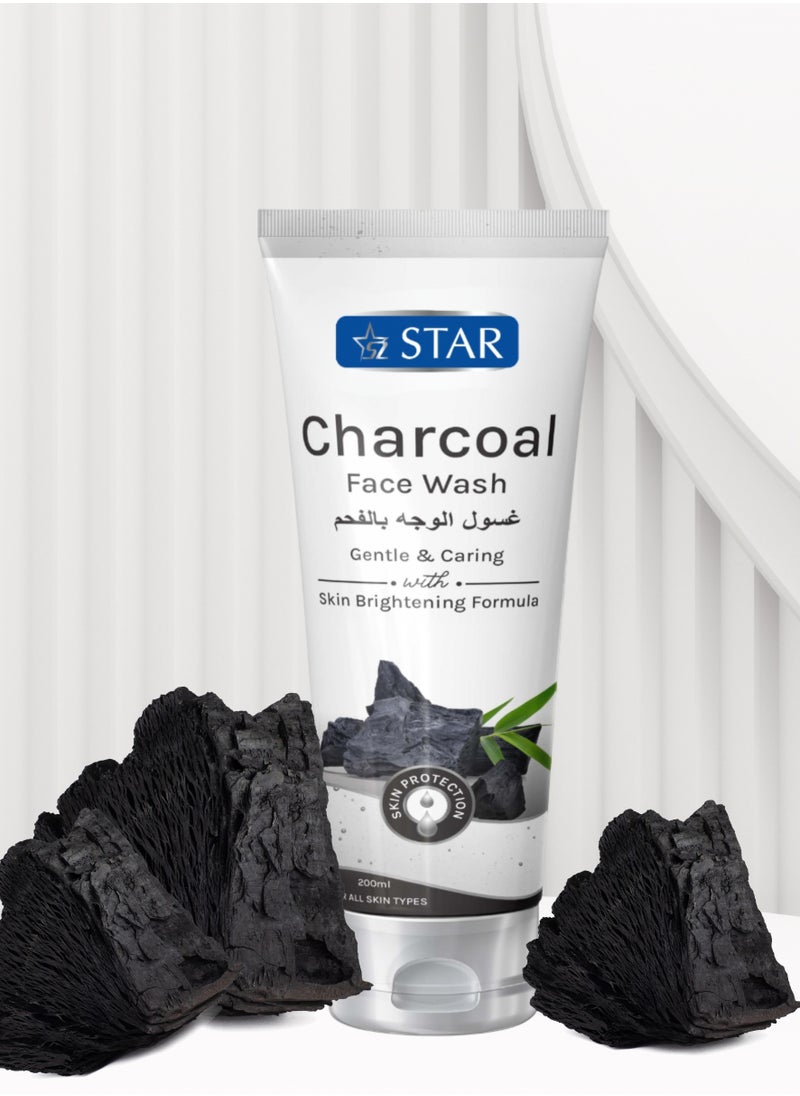 سز ستار غسول الوجه بالفحم لتعزيز التوهج والتنظيف العميق والترطيب - الفحم المنشط لفتح المسام، وغسول الوجه للتحكم في الزيت وتنقية البشرة - منظف رغوي مرطب لجميع أنواع البشرة - (200 مل)  - Image 1