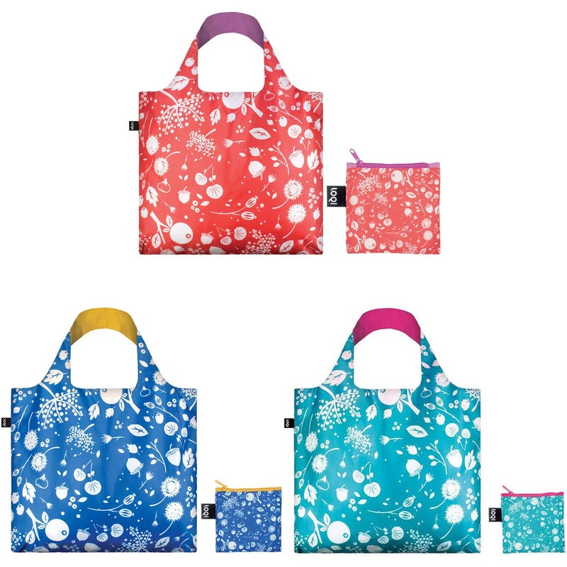 LOQI LOQI Seed Reusable Shopping Bags Set of 3 Coral Bell Cornflower Teal 