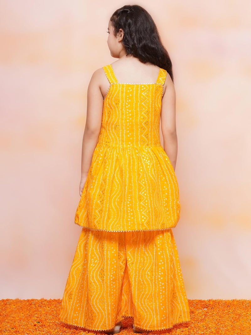 AJ DEZINES Kids Ethnic Wear Cotton Bandhani Printed Sleeveless A Line Yellow Kurta Sharara Set For Girls (G-1115-YELLOW-24) - Image 4