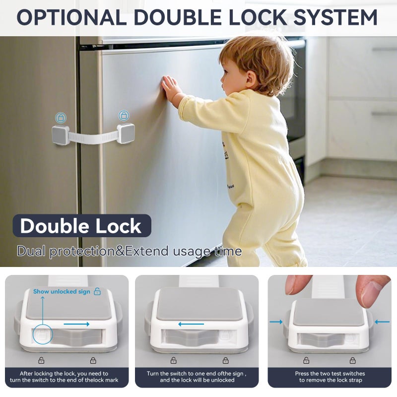 PAULTEMP 2 Pack Child Safety Cabinet Locks for Baby Proofing, Length Adjustable Latch Straps Dual Button Design for Drawers Fridge Refrigerator Doors Toilet Seat Oven - Image 3